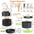 Black camping cookware set with stove and kettle 16pcs featuring green handles including pot pan utensils and storage bag