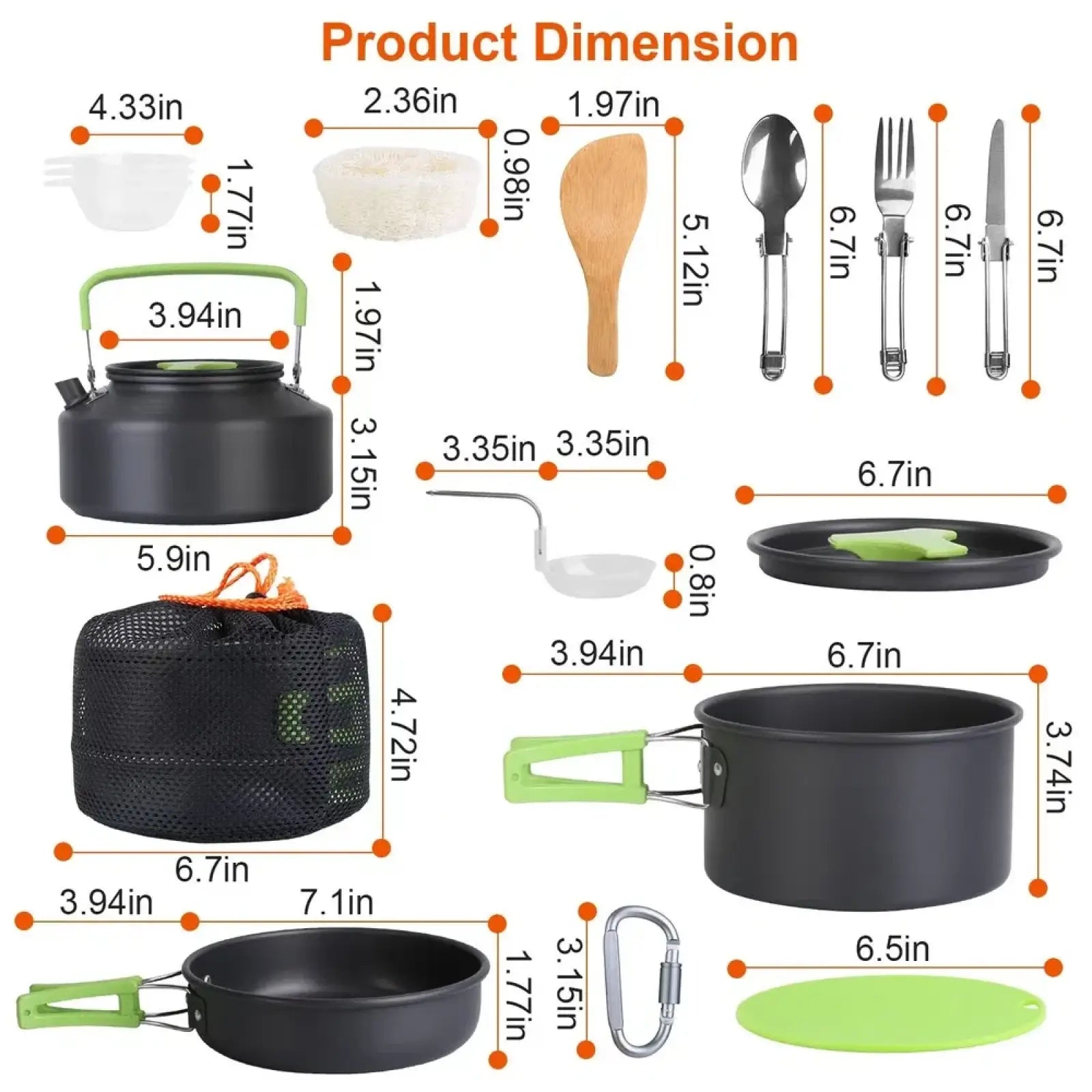 Black camping cookware set with stove and kettle 16pcs featuring green handles including pot pan utensils and storage bag