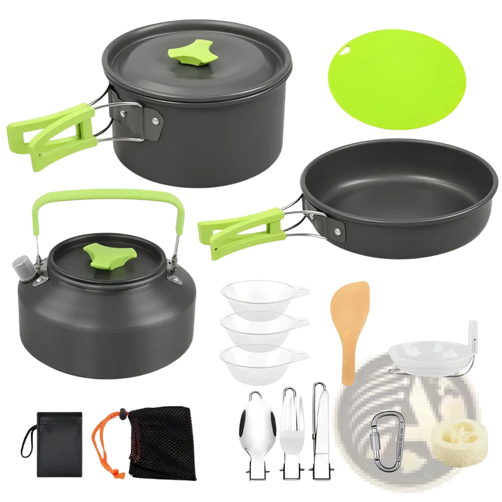 Black aluminum camping cookware set with lime green handles and lids includes stove and kettle 16pcs for outdoor use