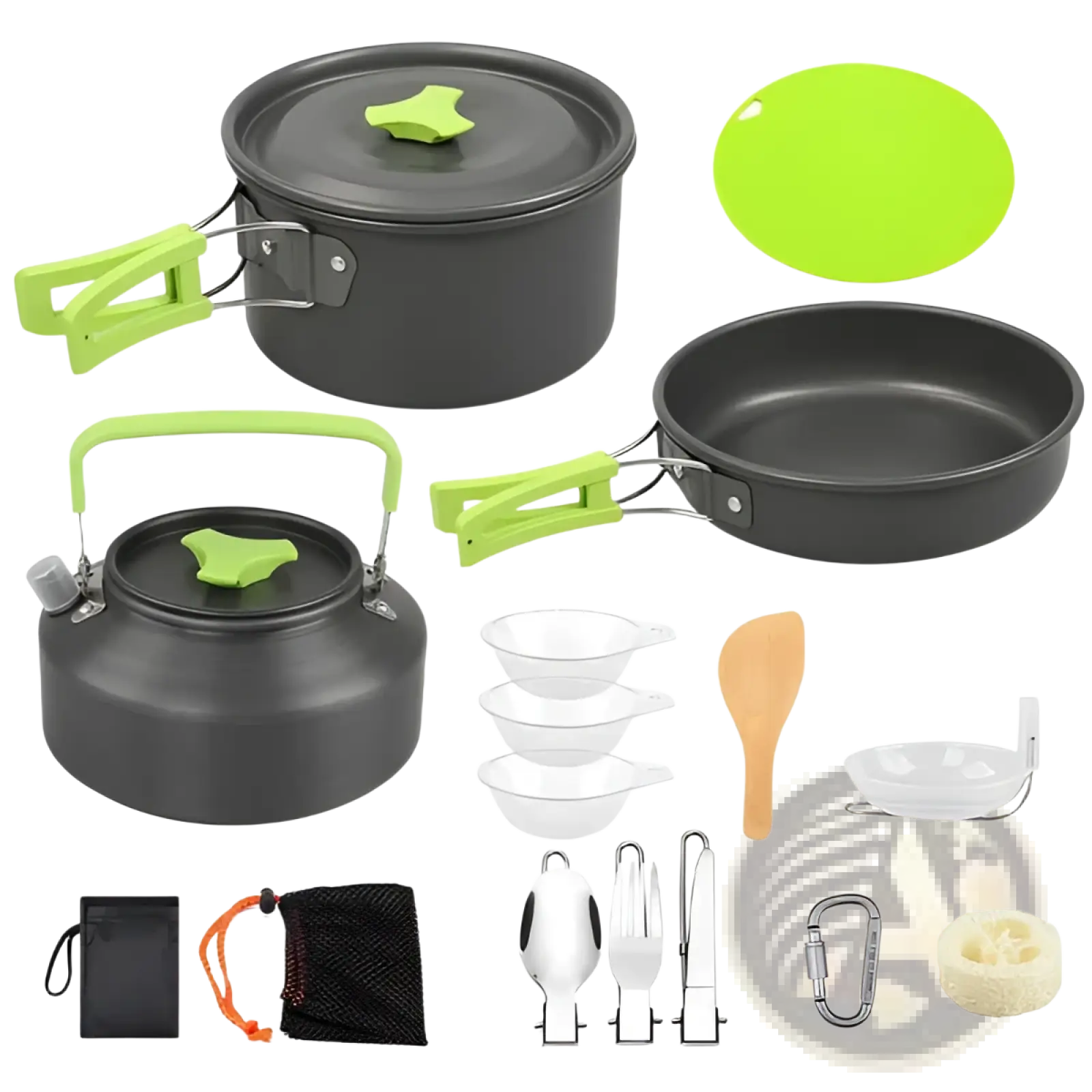 Black aluminum camping cookware set with lime green handles and lids includes stove and kettle 16pcs for outdoor use