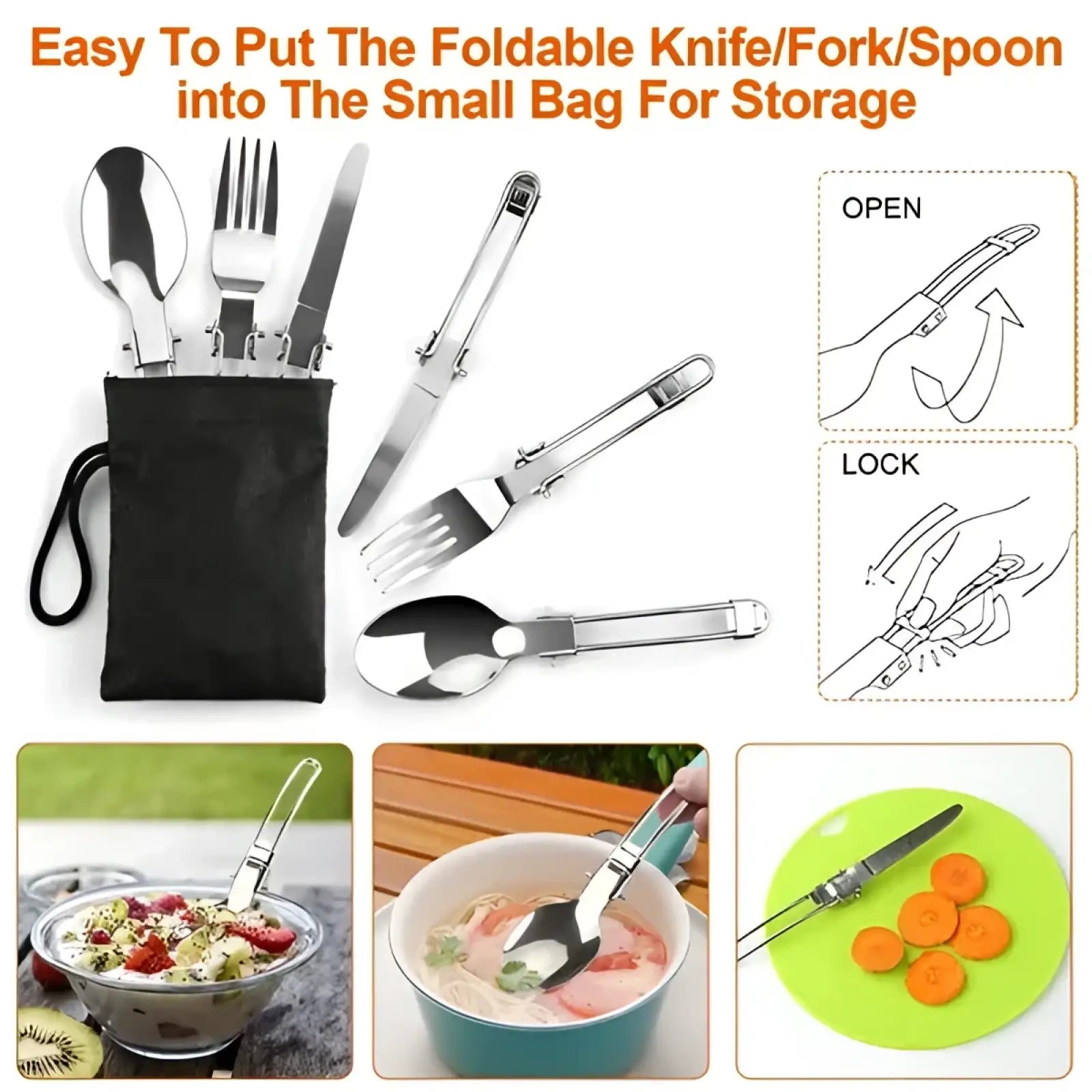 Stainless steel foldable knife fork and spoon set in black fabric pouch part of camping cookware set with stove and kettle