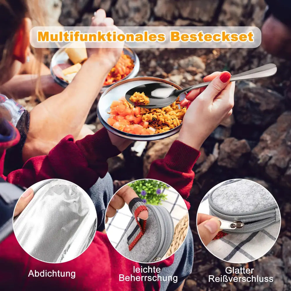 Silver stainless steel spoon with reflective finish and ergonomic handle from 9-piece camping cutlery set with travel case