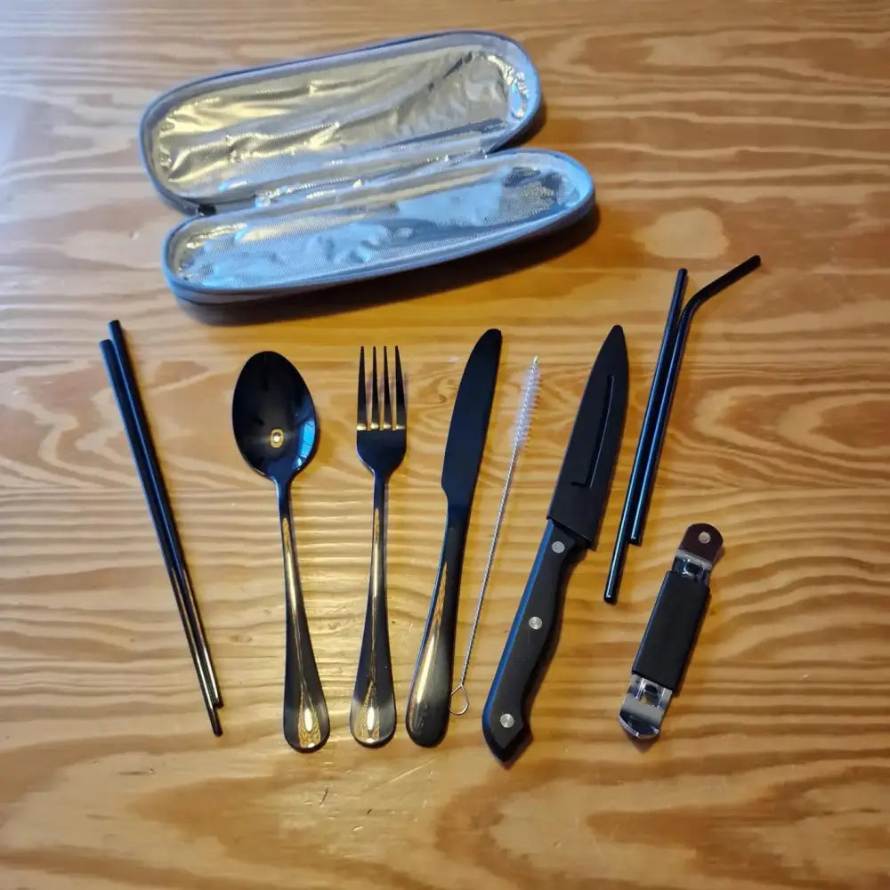 Black stainless steel 9-piece camping cutlery set with chopsticks and silver-lined travel case for outdoor use