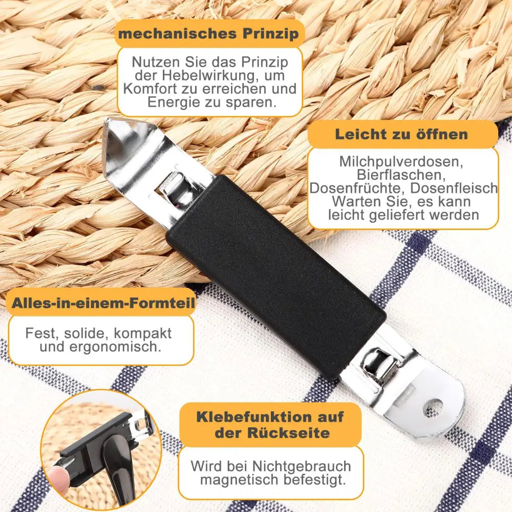 Black and silver stainless steel can opener with ergonomic grip from 9-piece camping cutlery set with travel case