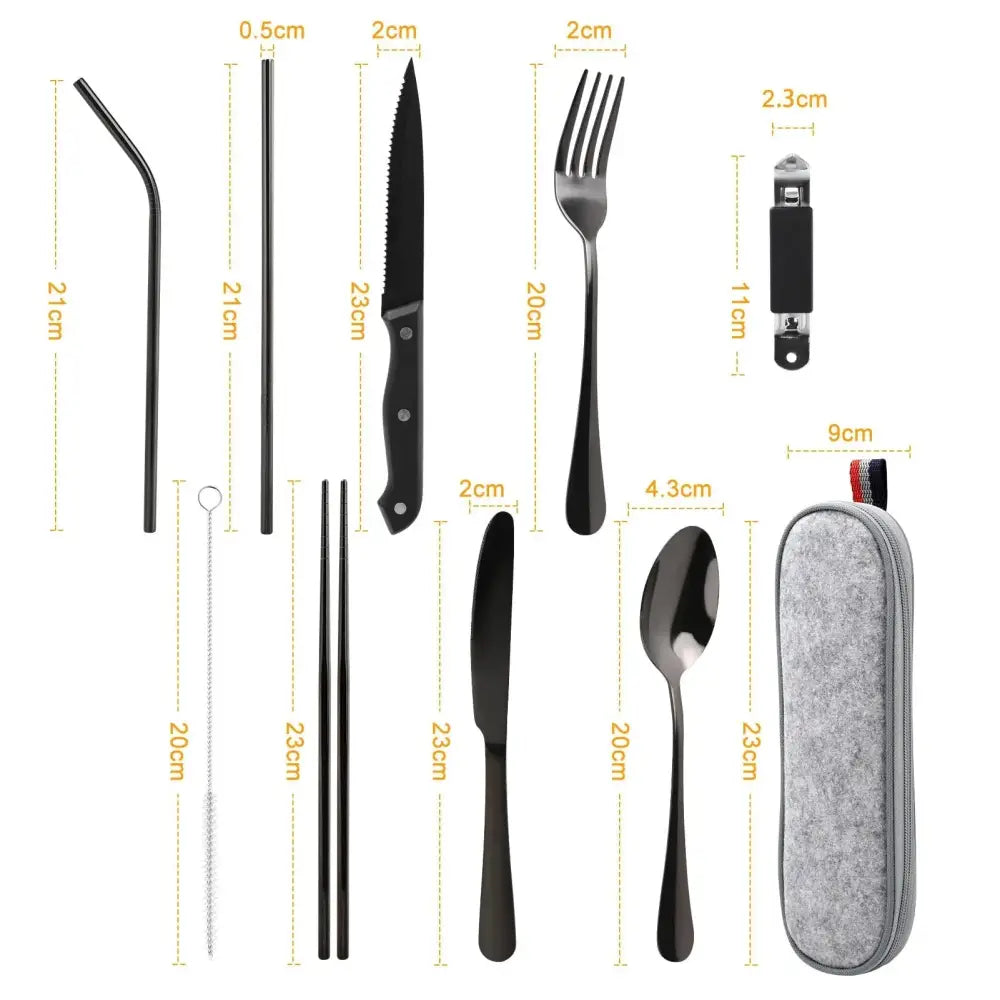 Black stainless steel 9-piece camping cutlery set with gray felt travel case for outdoor use