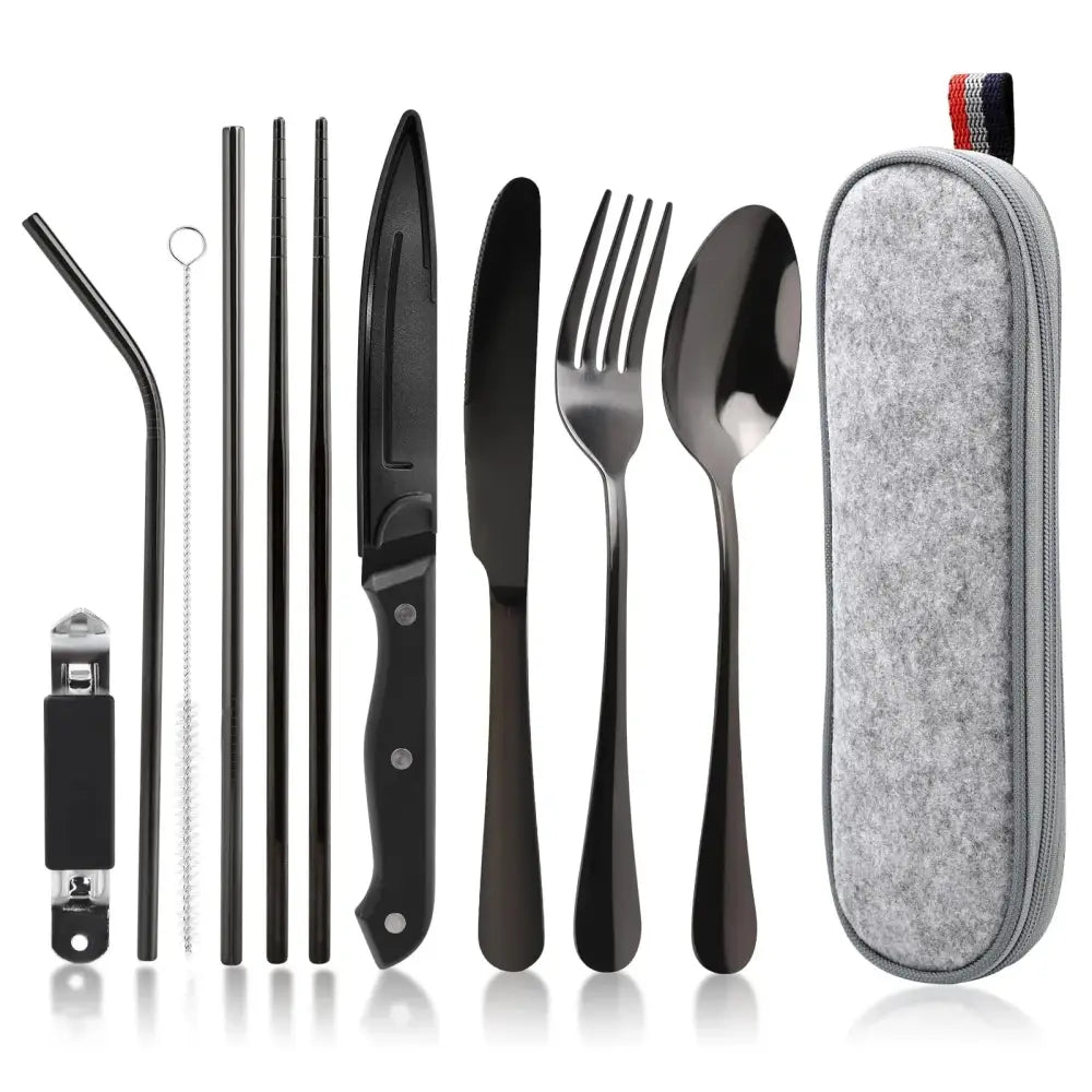 9-piece black stainless steel camping cutlery set with gray felt carrying case for travel and outdoor use