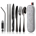 9-piece black stainless steel camping cutlery set with gray felt carrying case for travel and outdoor use