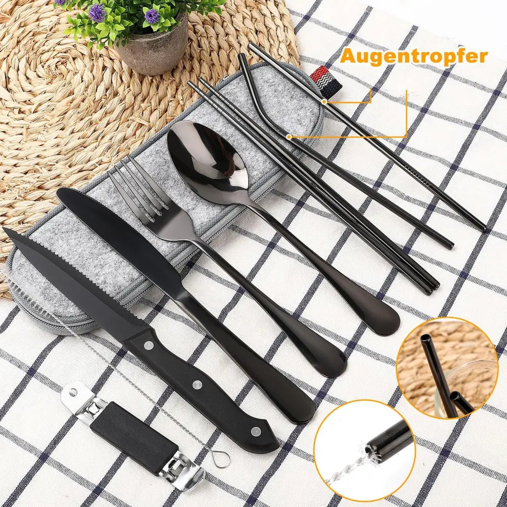9-piece black stainless steel camping cutlery set with matching chopsticks and gray felt travel case