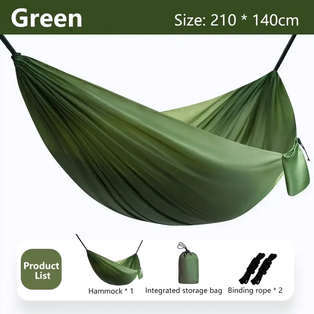 Olive green nylon camping hammock with integrated storage bag and binding ropes for lightweight outdoor hiking travel