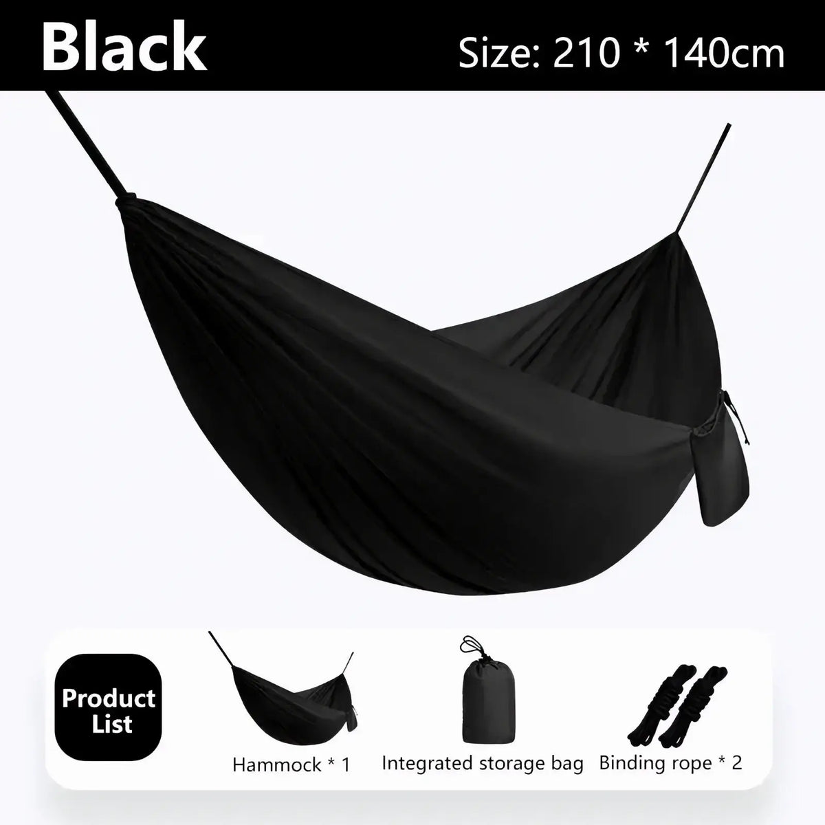 Black camping hammock with sleek lightweight fabric design and integrated storage bag for outdoor hiking travel use
