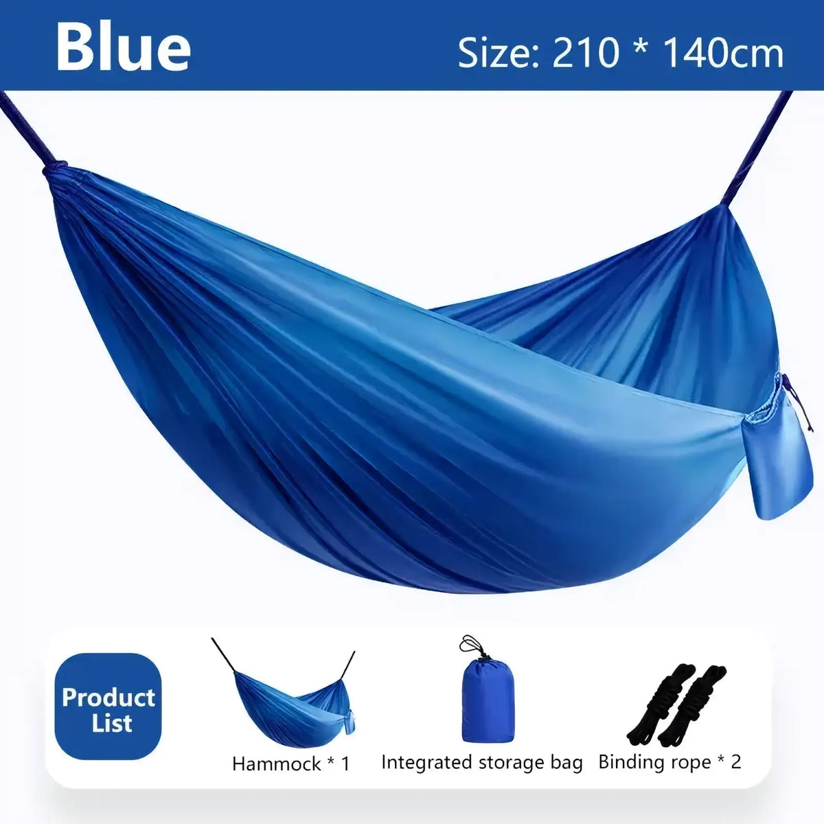 Blue nylon camping hammock with integrated storage bag and binding ropes for lightweight outdoor hiking travel use