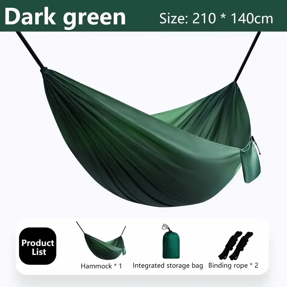 Dark green camping hammock with sleek lightweight fabric design and integrated storage bag for outdoor hiking travel