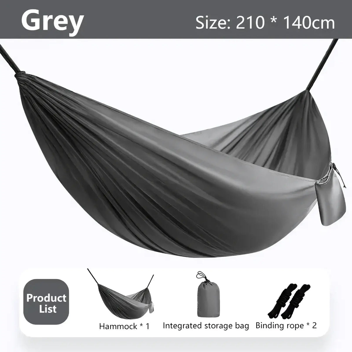 Grey nylon camping hammock with integrated storage bag and binding ropes for lightweight outdoor hiking travel use