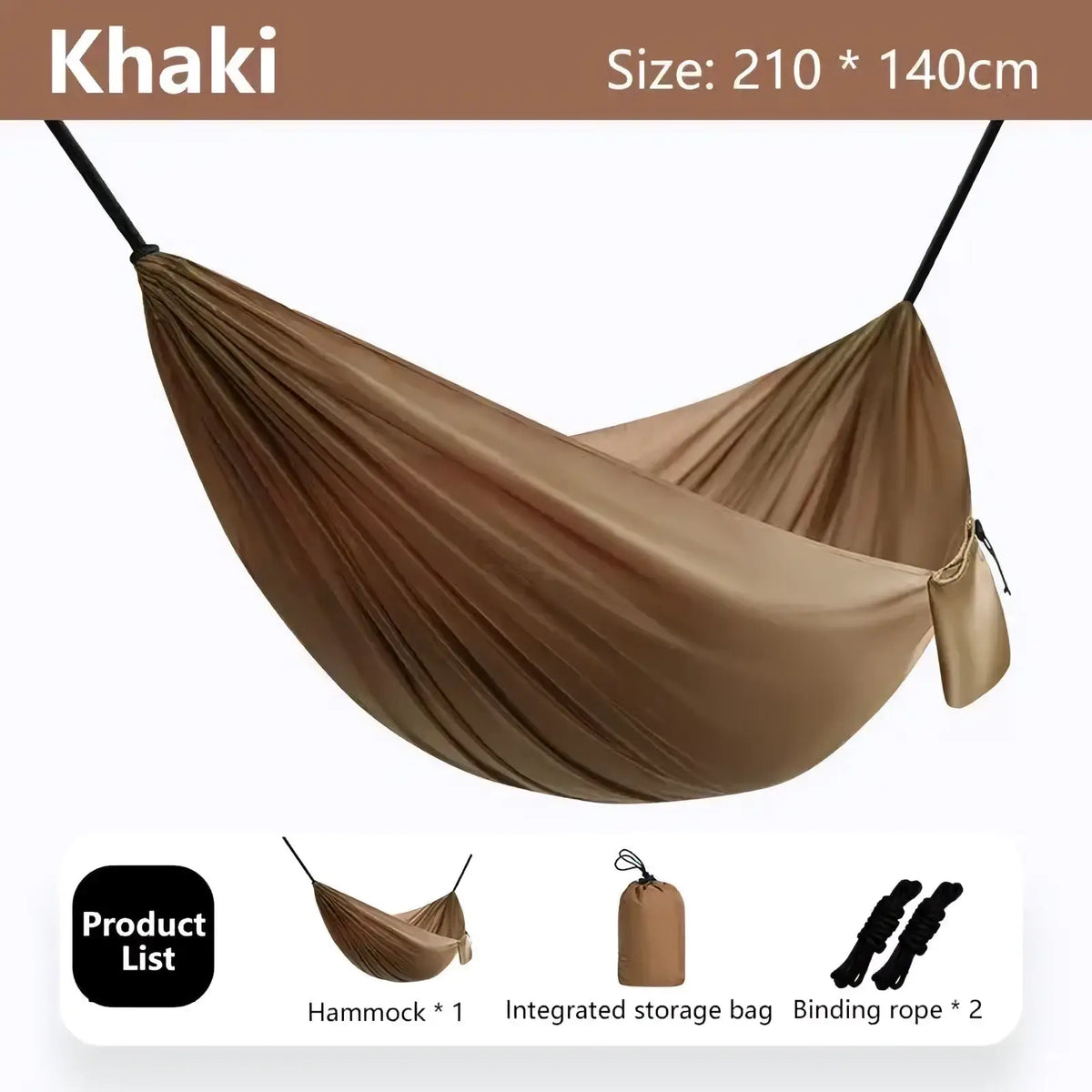 Khaki lightweight fabric camping hammock with black suspension straps and integrated storage bag for outdoor hiking travel