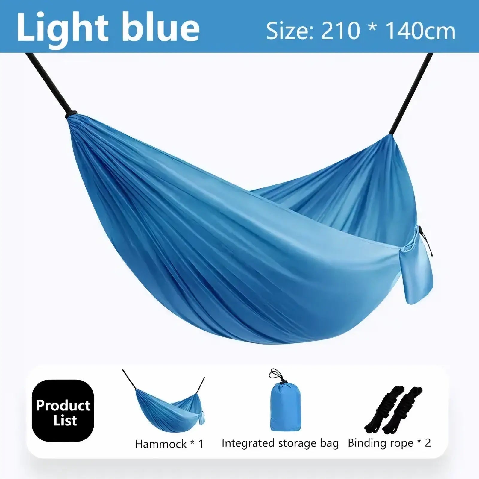Light blue lightweight fabric camping hammock with black suspension straps for outdoor hiking travel use