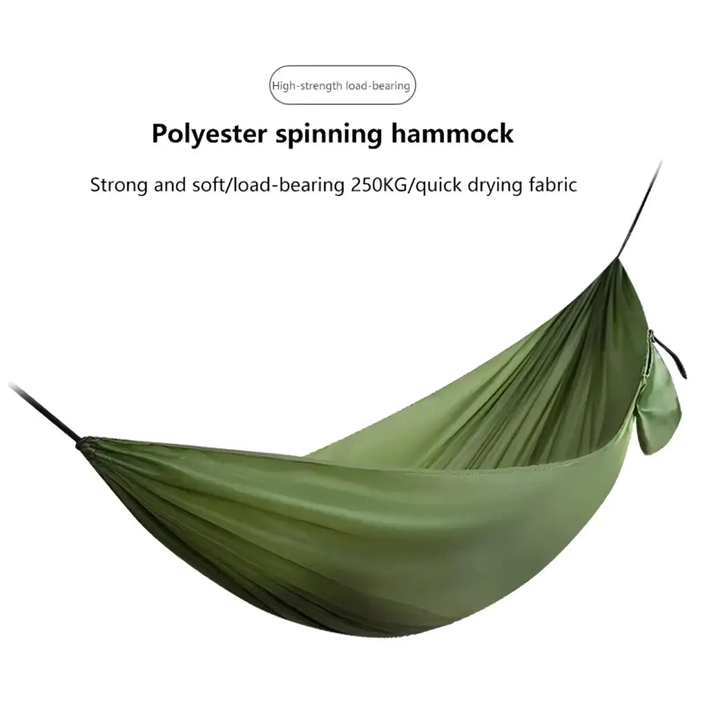 Olive green polyester spinning camping hammock with small attached pouch for lightweight outdoor hiking travel