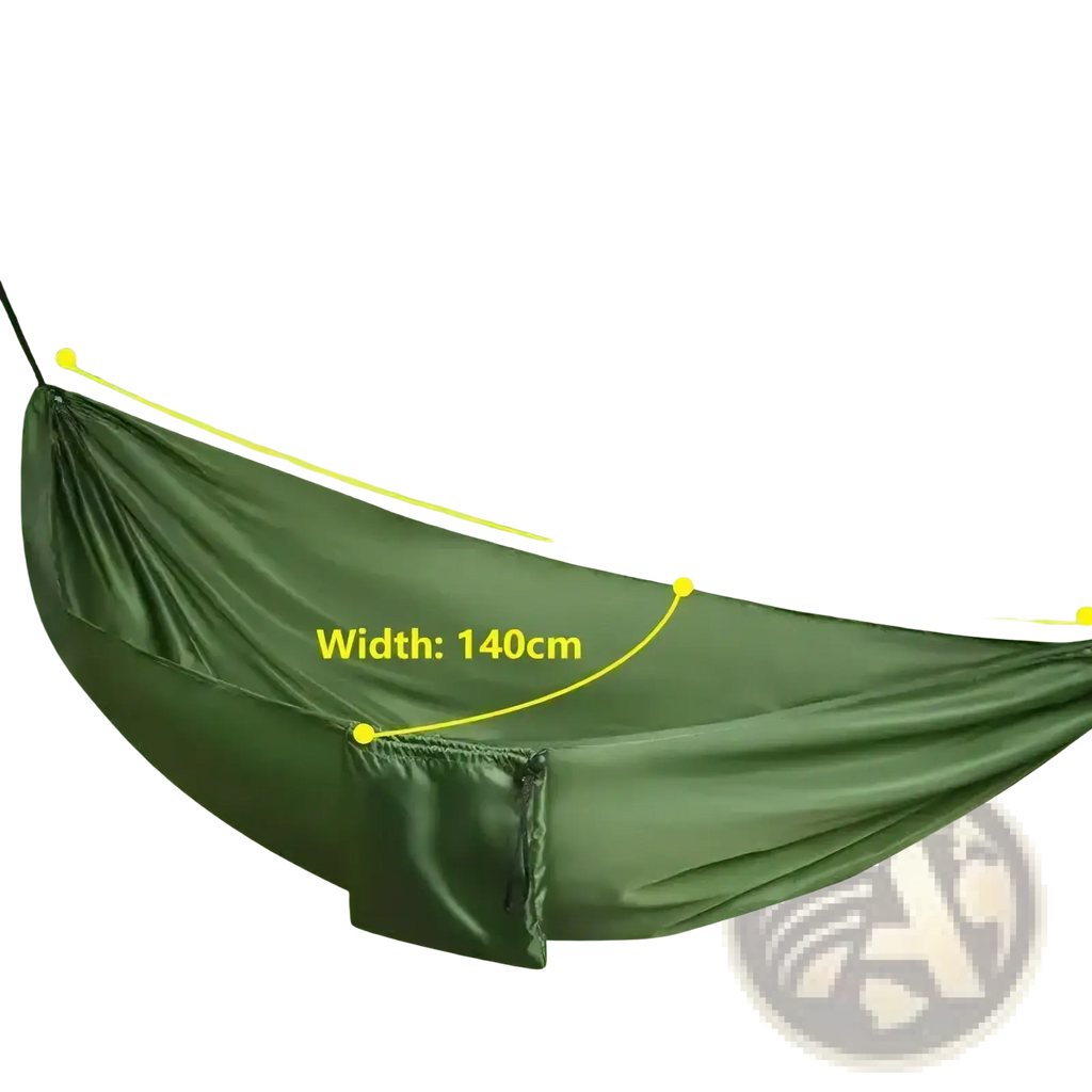 Olive green nylon camping hammock with safety and anti-rollover features for lightweight outdoor hiking travel