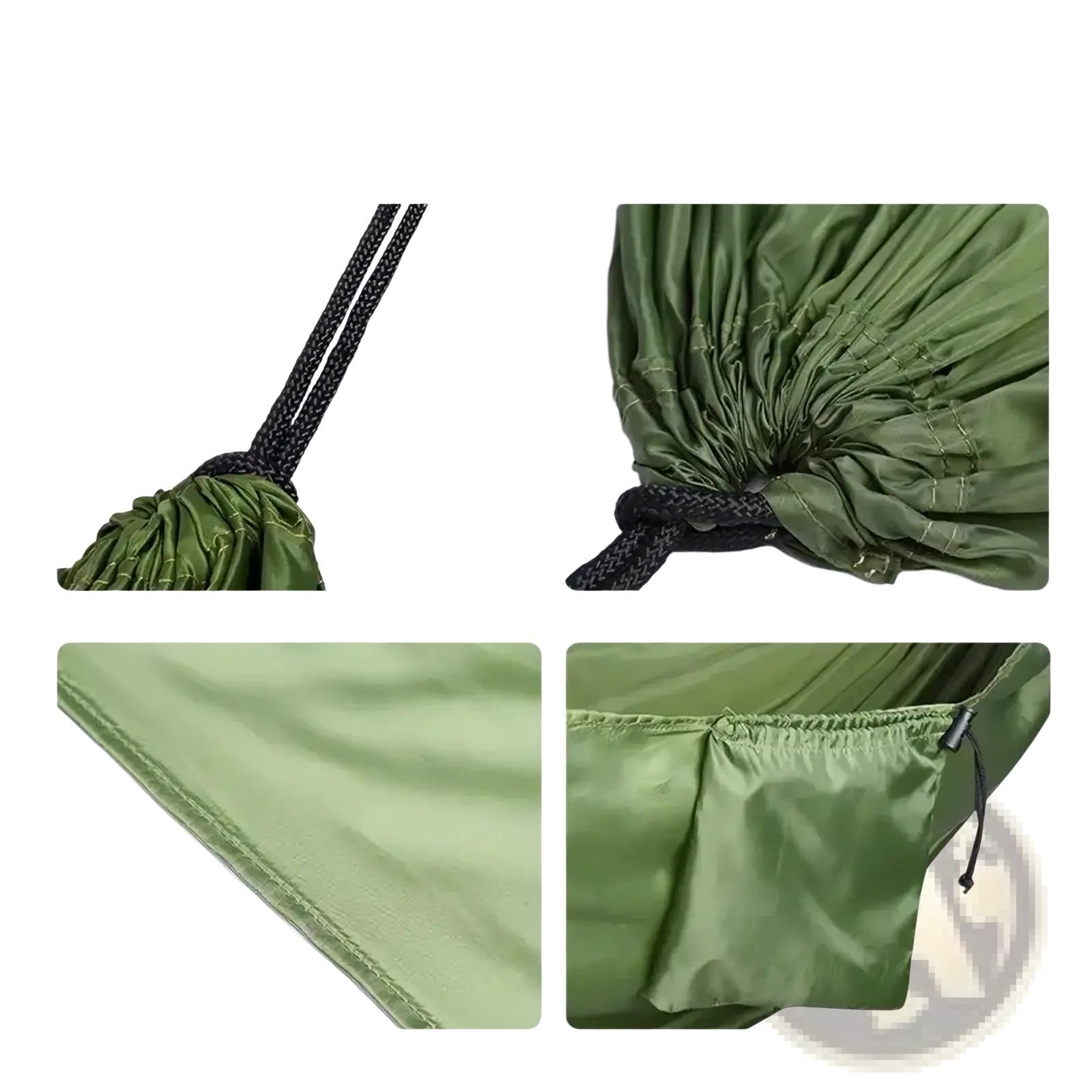 Olive green nylon camping hammock with black braided rope ties and a drawstring pocket for outdoor hiking travel