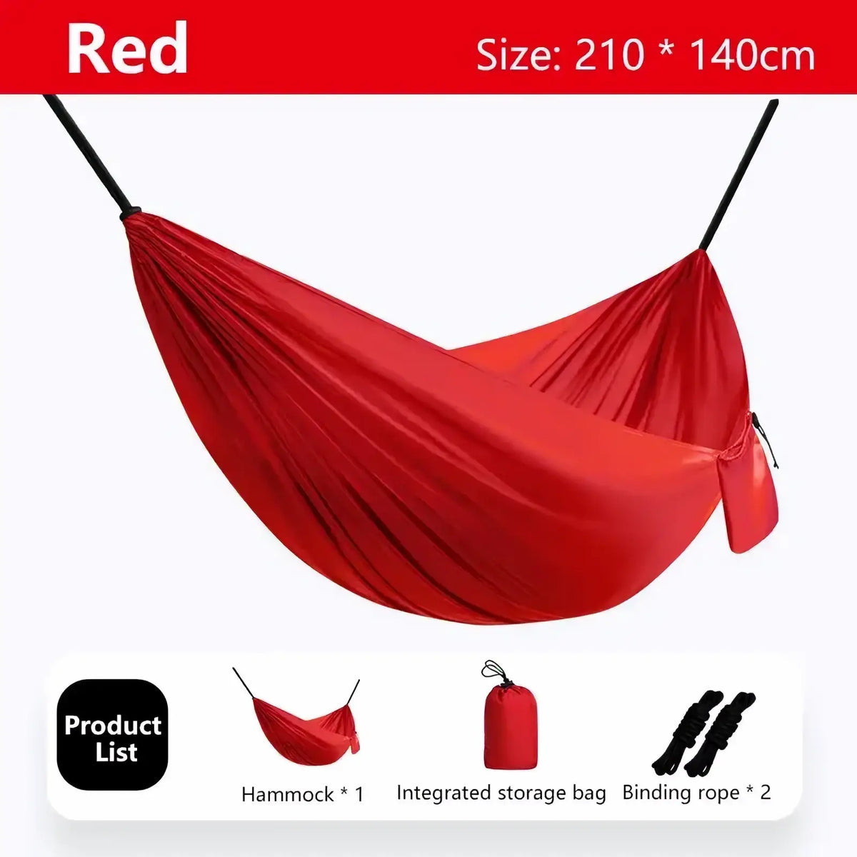 Red camping hammock with lightweight sleek fabric designed for outdoor hiking and travel use
