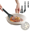 Black anti-scratch nylon spatula with wooden handle flipping a pancake in white pan from camping kitchen utensils set