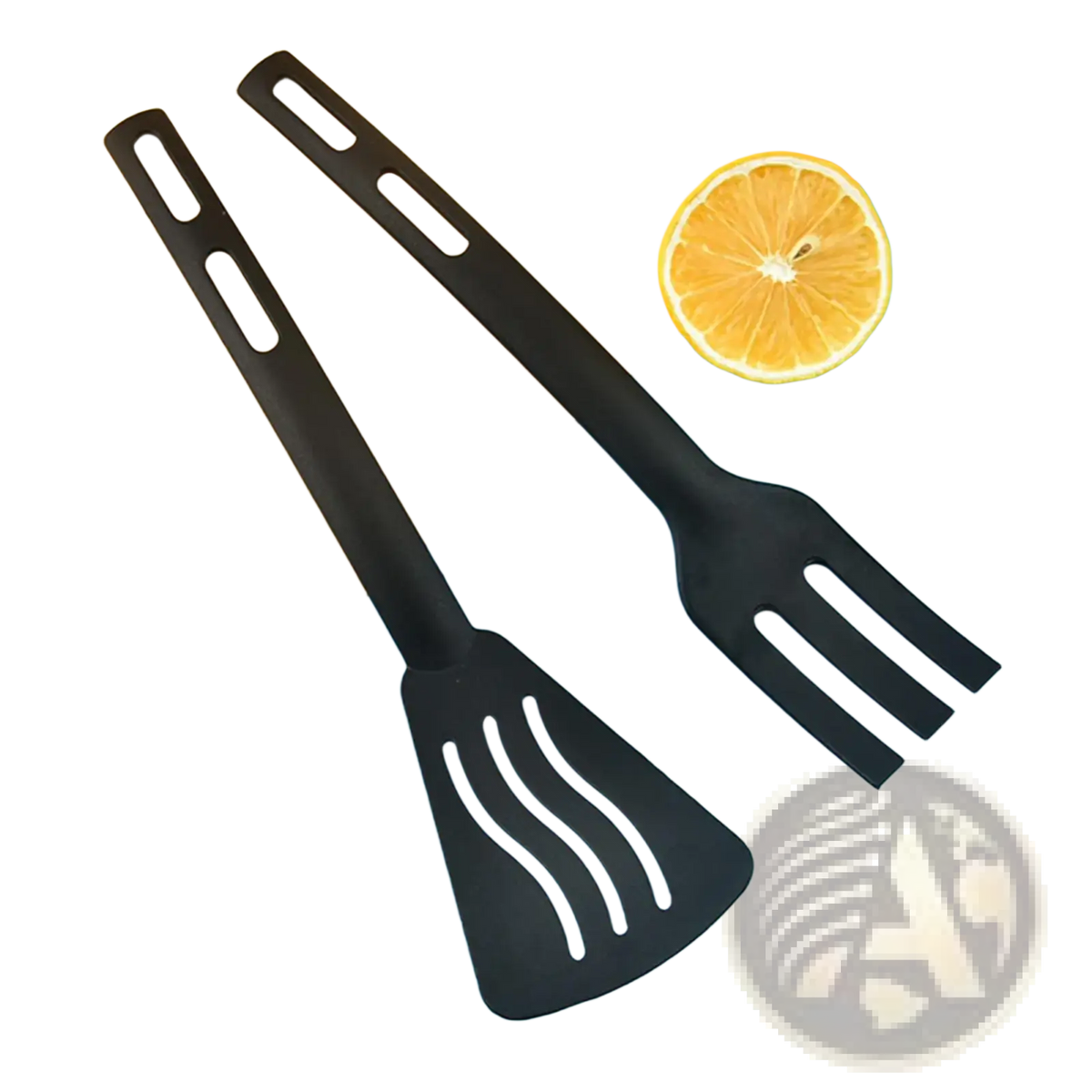 Black nylon camping kitchen utensils set with ergonomic silicone spatula and fork featuring wavy slotted heads