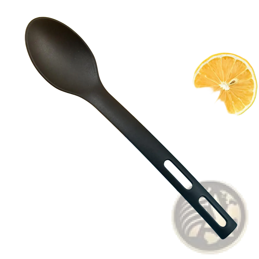 Black silicone spoon with two elongated cutouts along the handle from camping kitchen utensils set nylon cookware