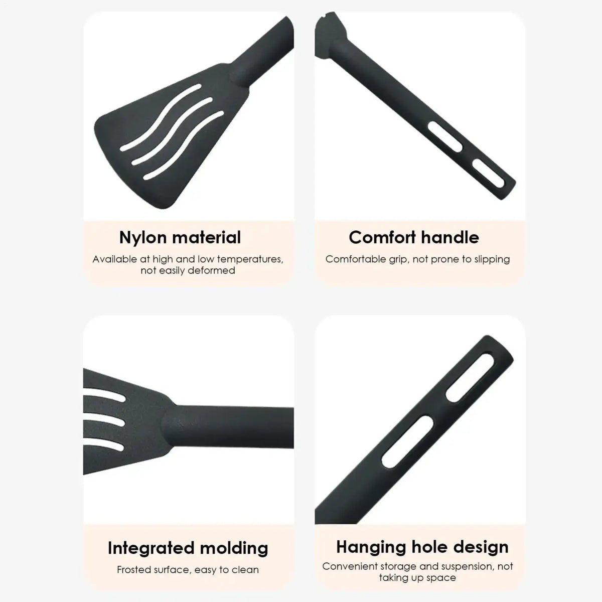 Black nylon spatula with comfort grip handle and integrated molding for easy cleaning in camping kitchen utensils set