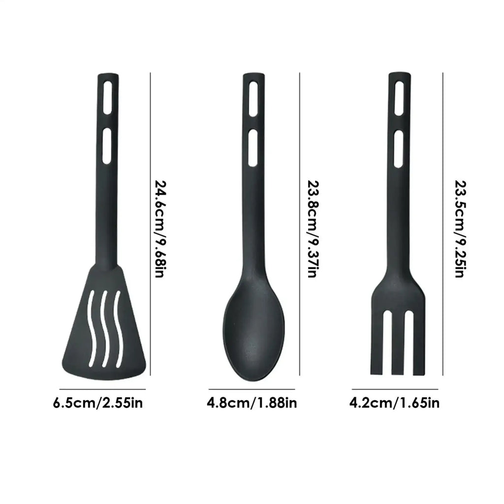 Set of three black silicone camping kitchen utensils including spatula spoon and fork for nylon cookware use