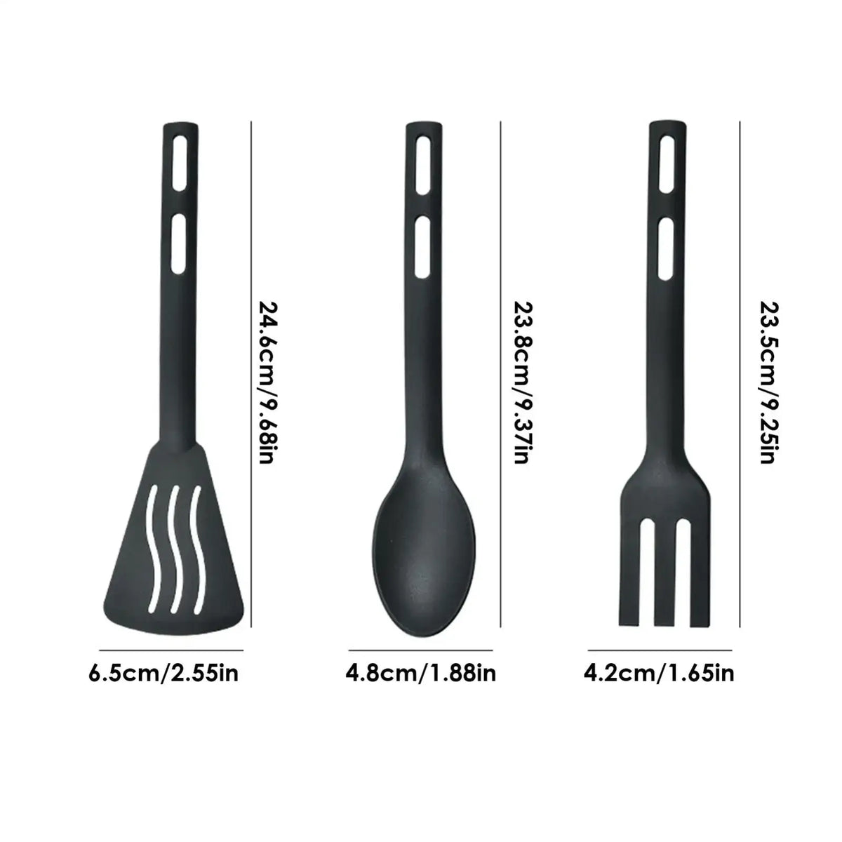 Set of three black silicone camping kitchen utensils including spatula spoon and fork for nylon cookware use