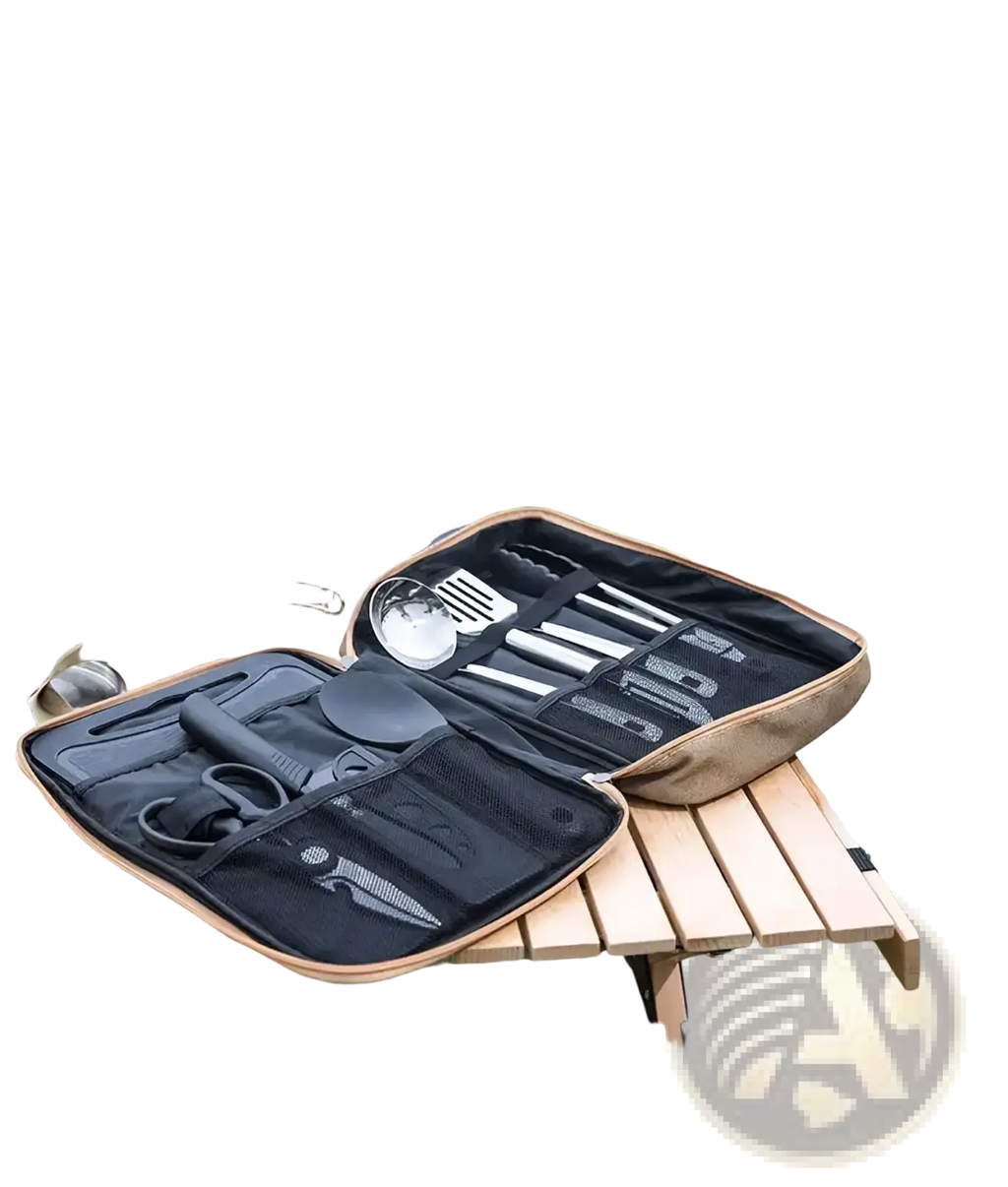 Camping kitchenware 8-piece stainless steel set with beige and black outdoor utensils in a foldable carrying case