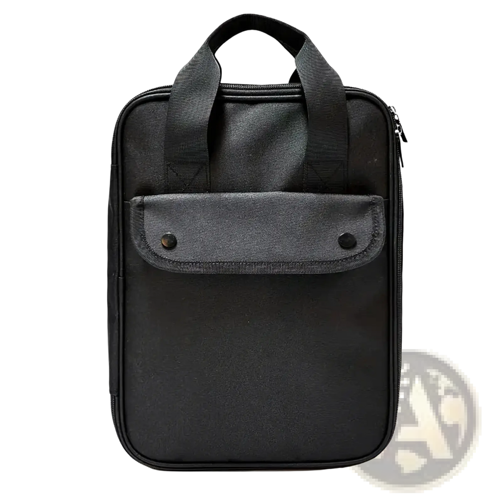 Black fabric laptop sleeve with top handle and front pocket for camping kitchenware 8-piece stainless steel set
