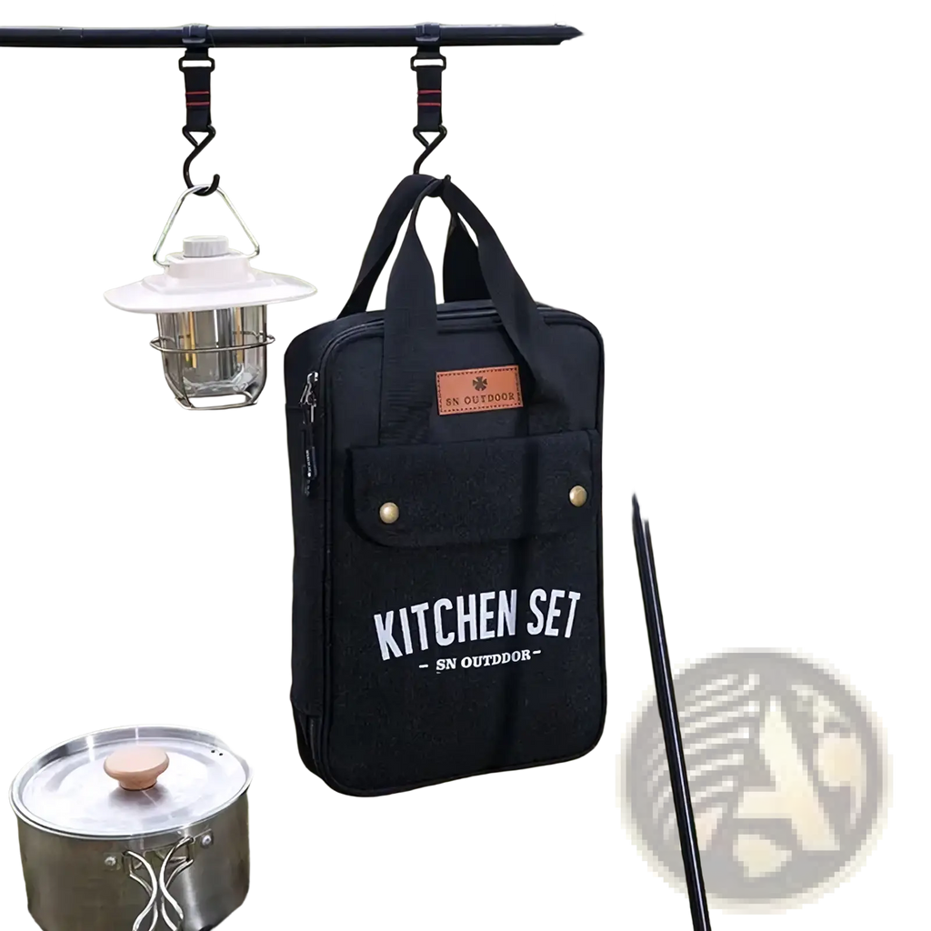 Black fabric kitchen set bag with white lettering and brass metal accents for camping stainless steel 8 piece kitchenware set
