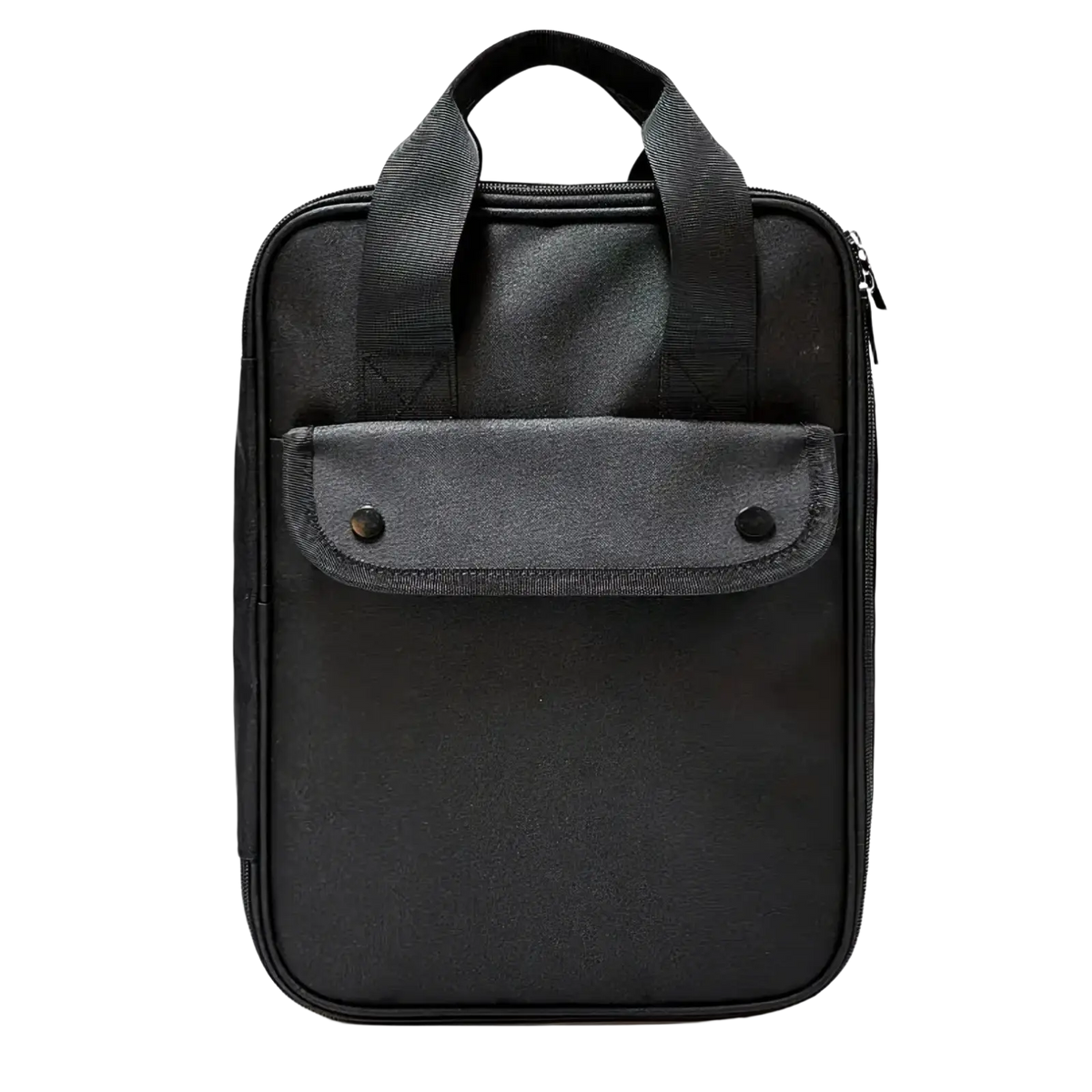 Black fabric laptop sleeve with top handle and front pocket for camping kitchenware 8-piece stainless steel set