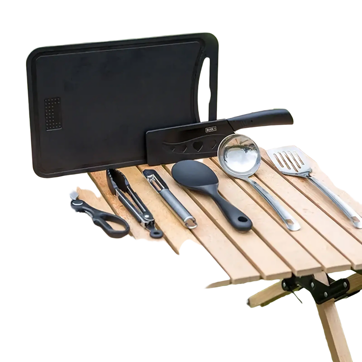 Black plastic camping kitchenware set with integrated cutting board and stainless steel utensils for outdoor use