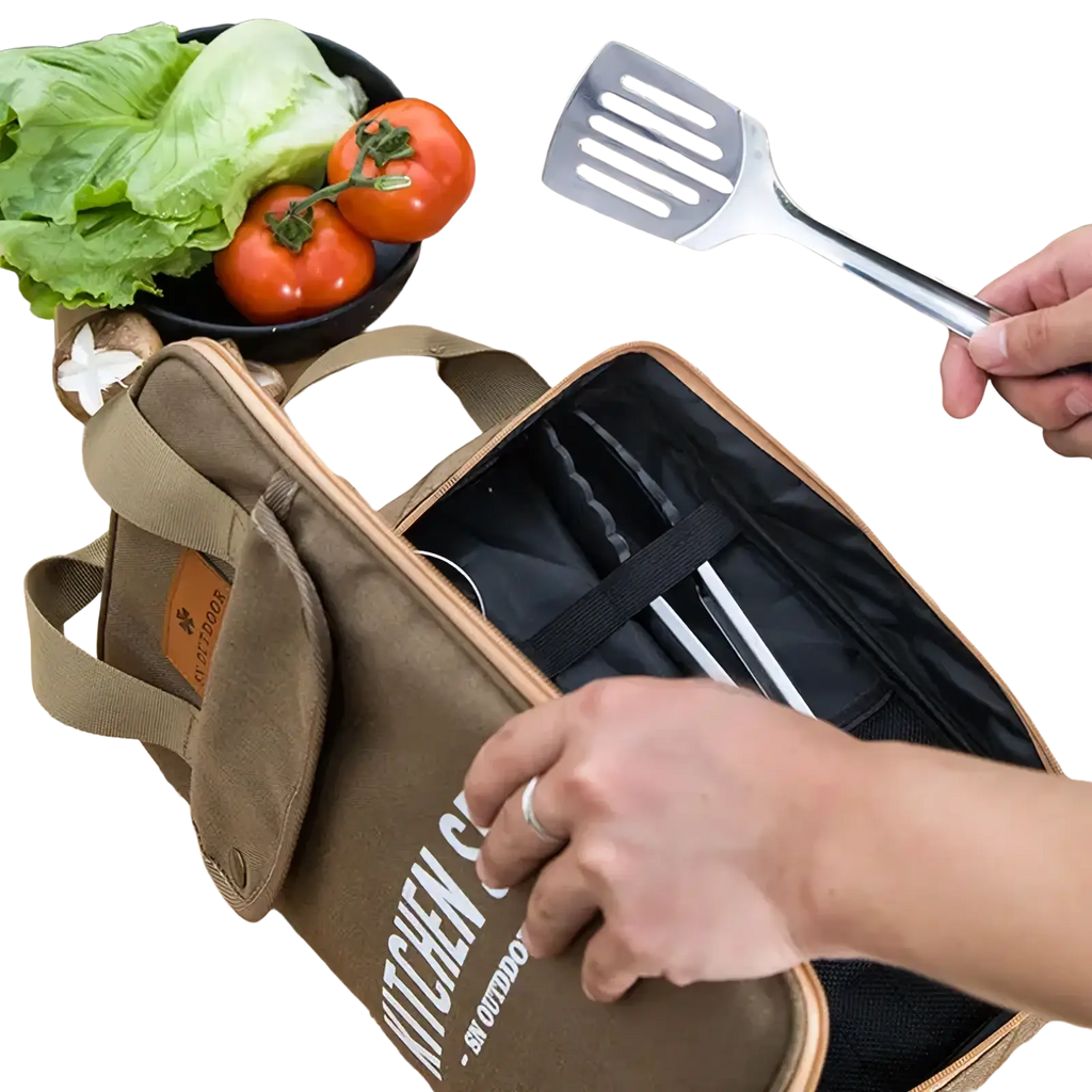 Brown canvas kitchen gear bag with black interior and white lettering for camping kitchenware 8-piece stainless steel set