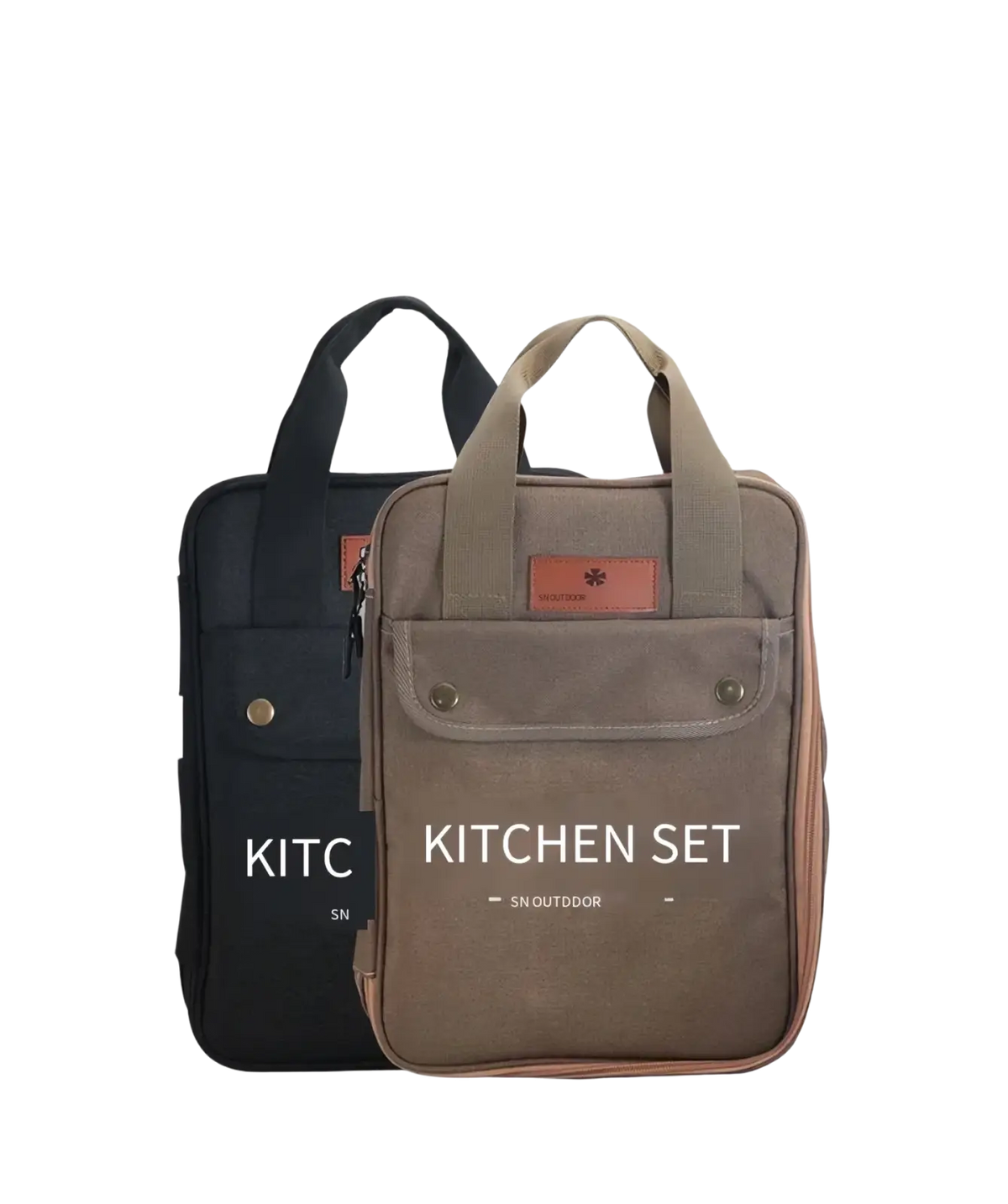 Tan canvas camping kitchenware 8-piece stainless steel set bag with brown leather-like patch and front pocket labeled kitchen set