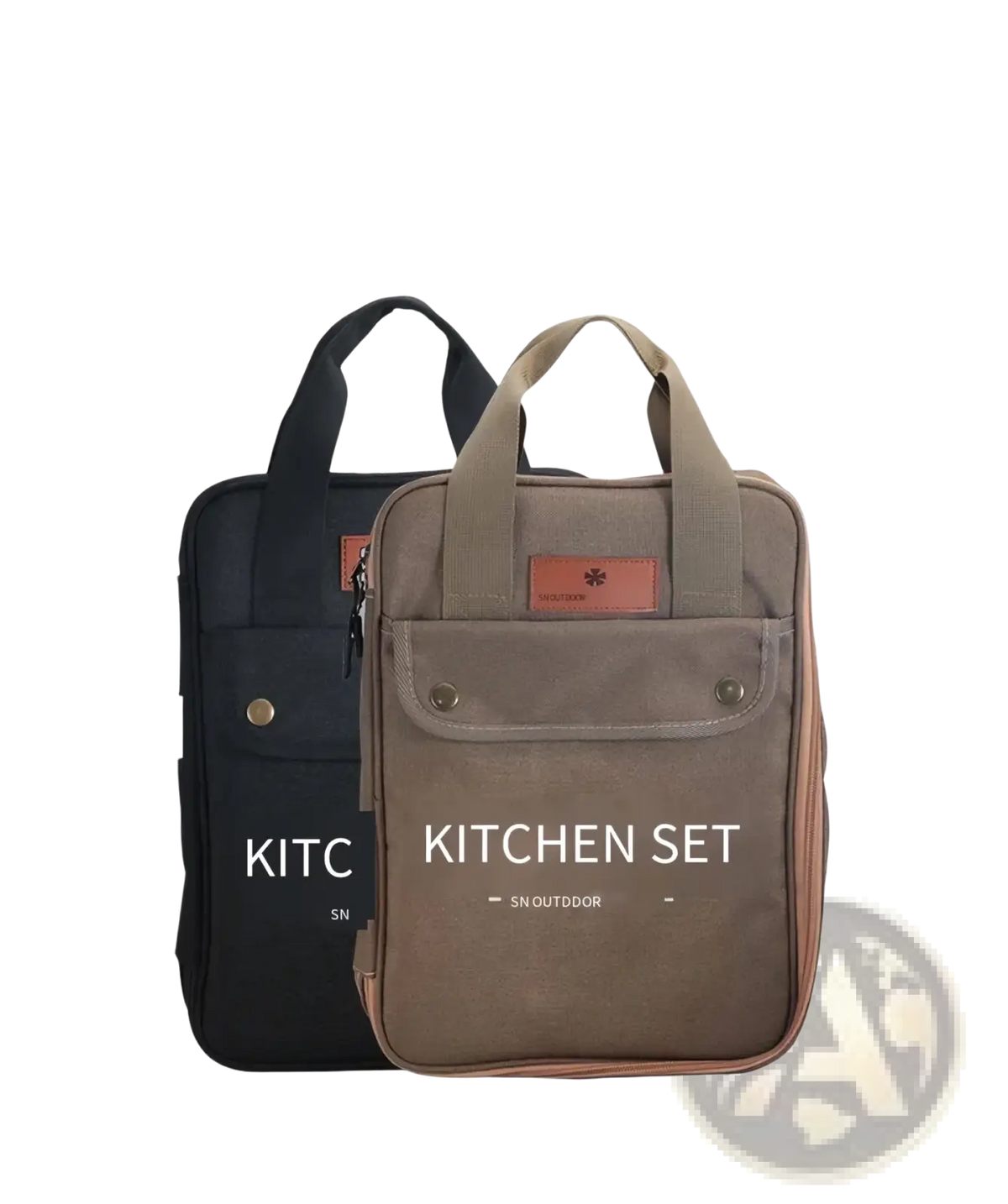 Tan canvas camping kitchenware 8-piece stainless steel set bag with brown leather-like patch and front pocket labeled kitchen set