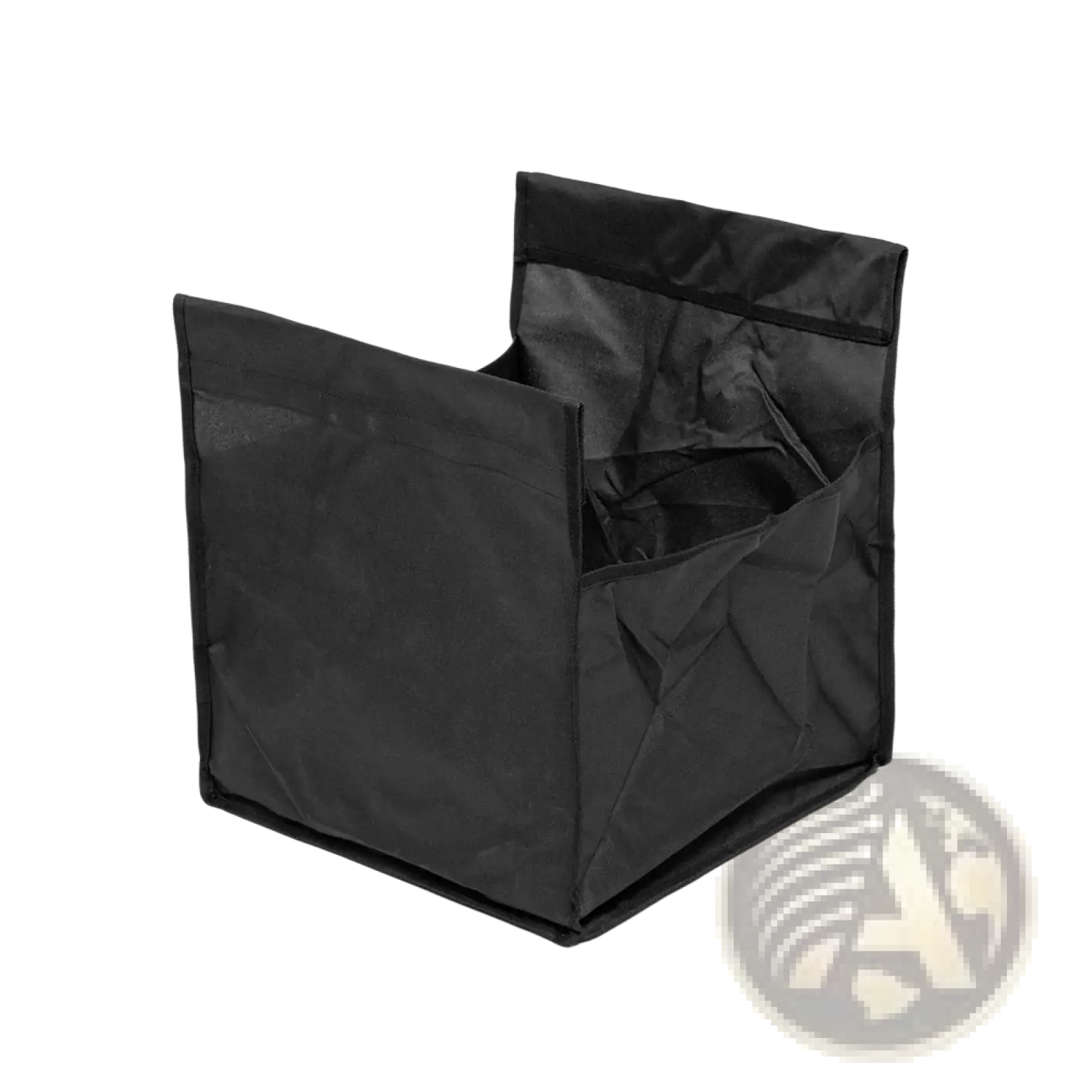Black fabric laundry bag with reinforced seams for camping roll table storage featuring a utilitarian design