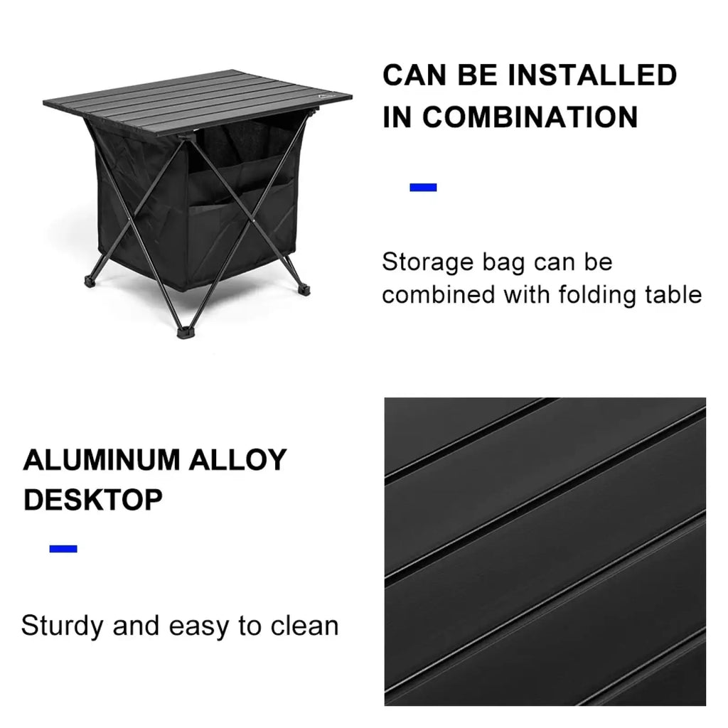 Black aluminum alloy folding camping roll table with storage bag for easy transport and outdoor use