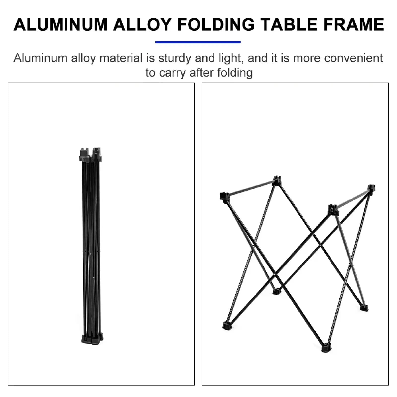 Black aluminum alloy folding frame of camping roll table with lightweight design and interlocking legs for stable support