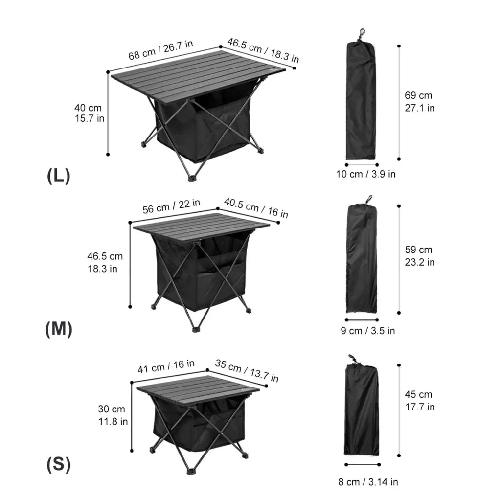 Black foldable camping roll table with slatted top and storage bag available in small, medium, and large sizes