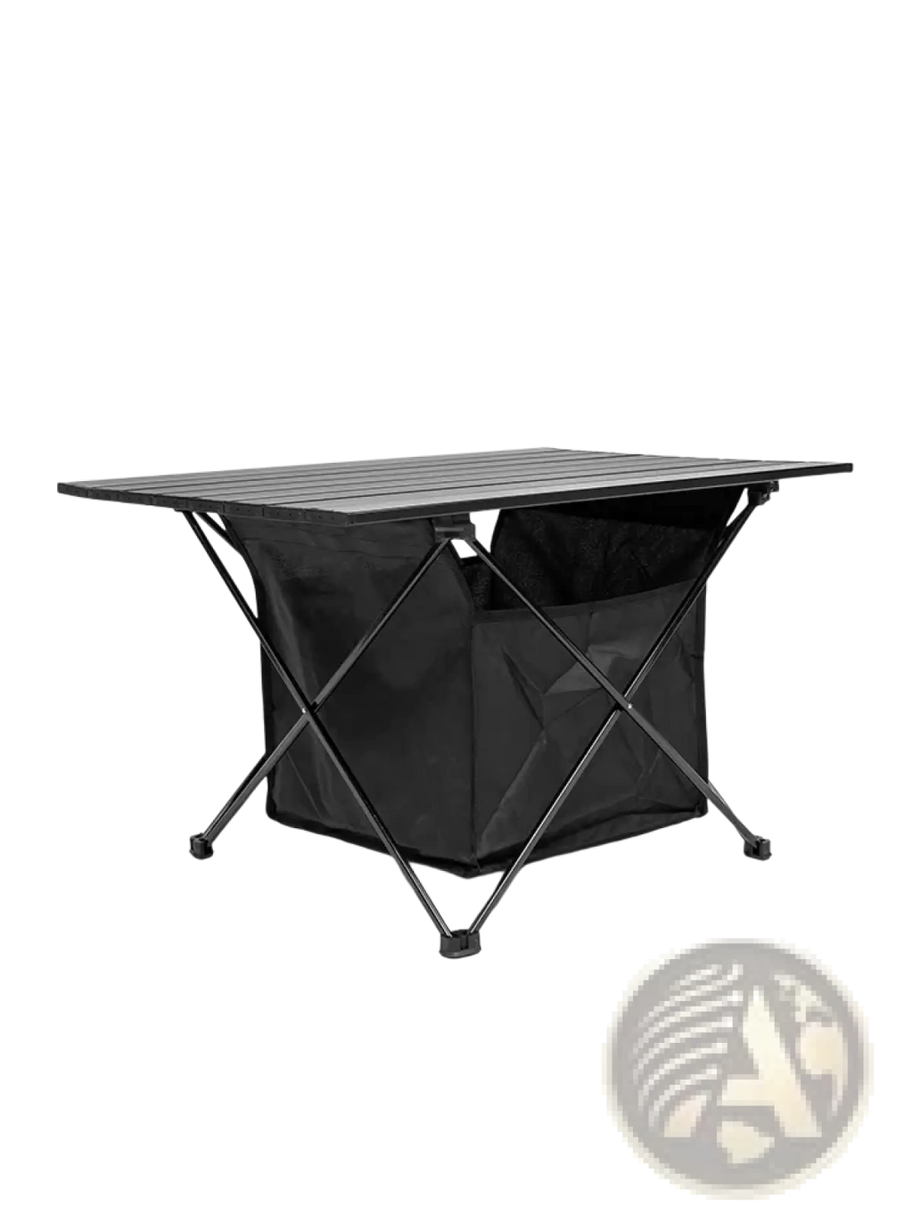 Black foldable camping roll table with slatted top and integrated storage bag for outdoor use