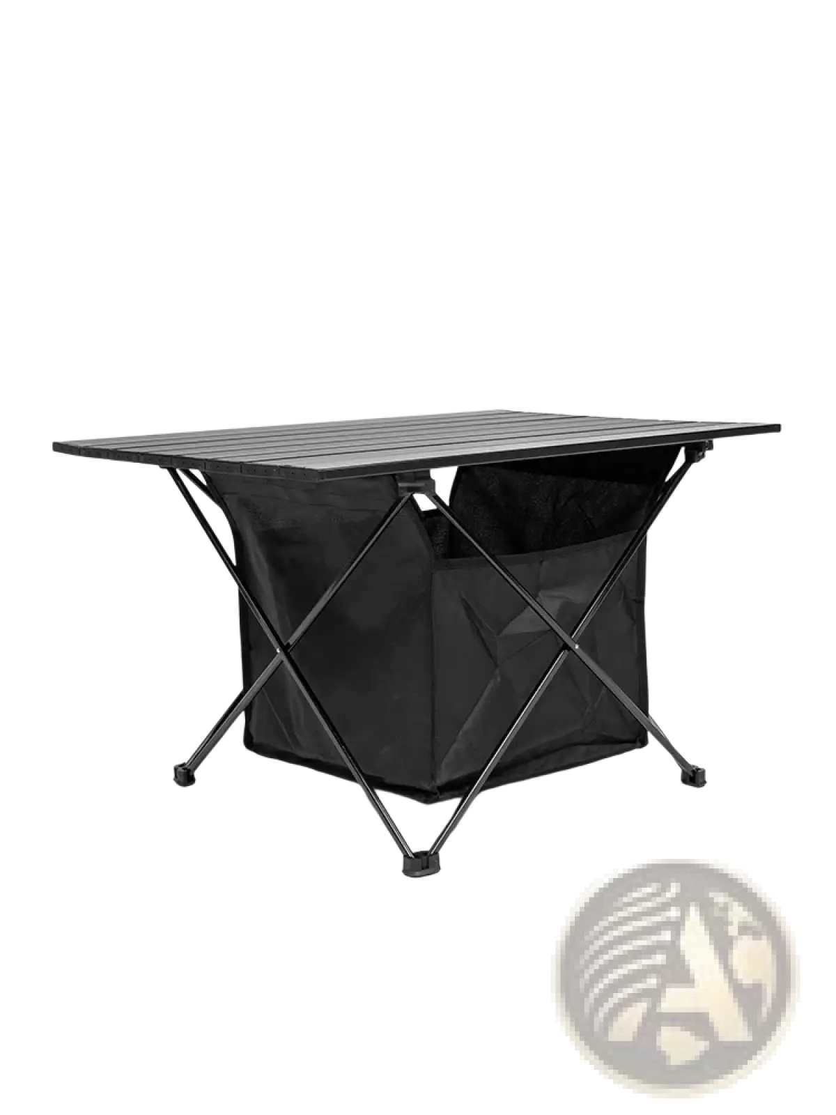 Black foldable camping roll table with slatted top and integrated storage bag for outdoor use