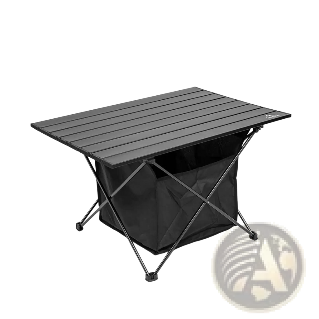 Black foldable camping roll table with slatted top and integrated storage bag for outdoor use