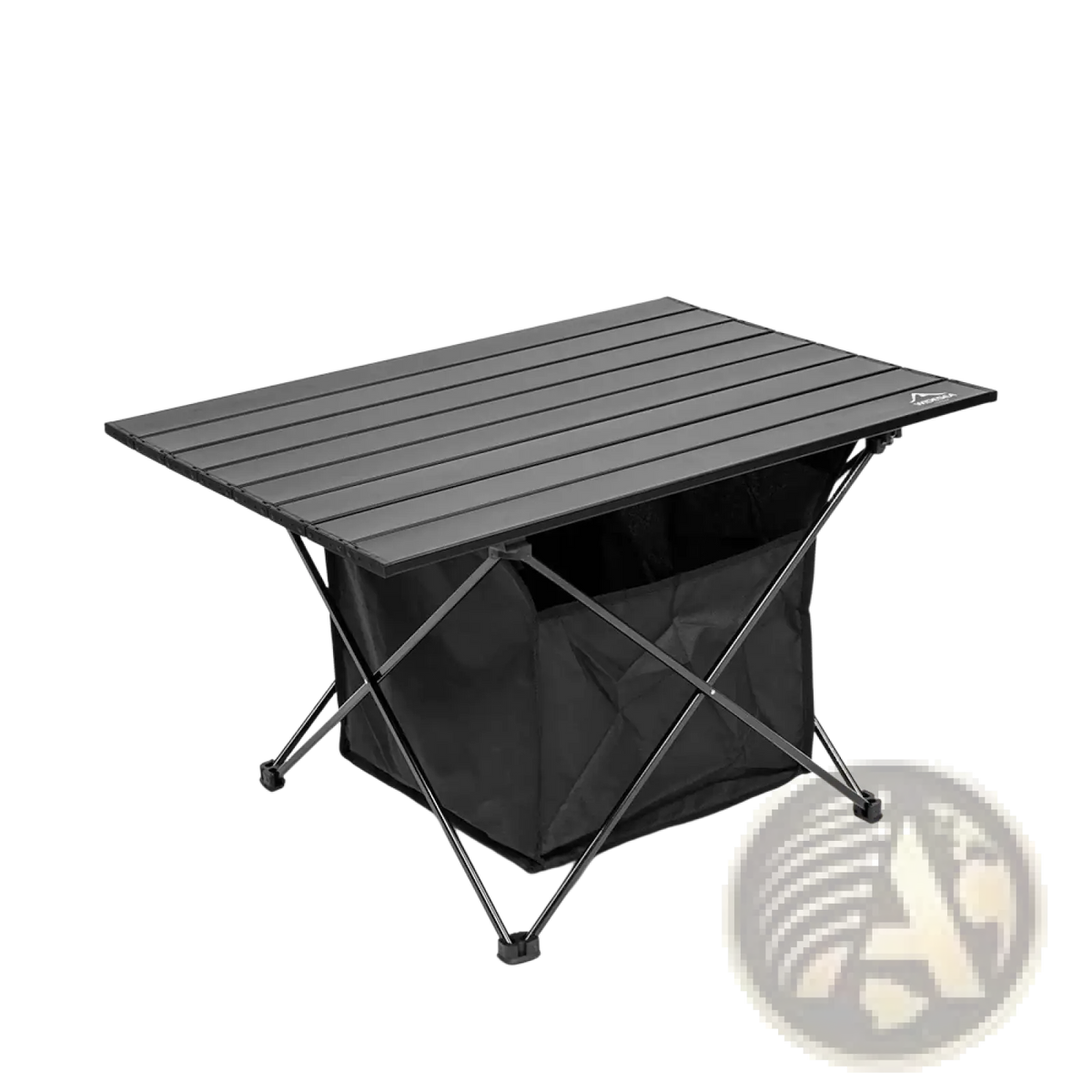 Black foldable camping roll table with slatted top and integrated storage bag for outdoor use