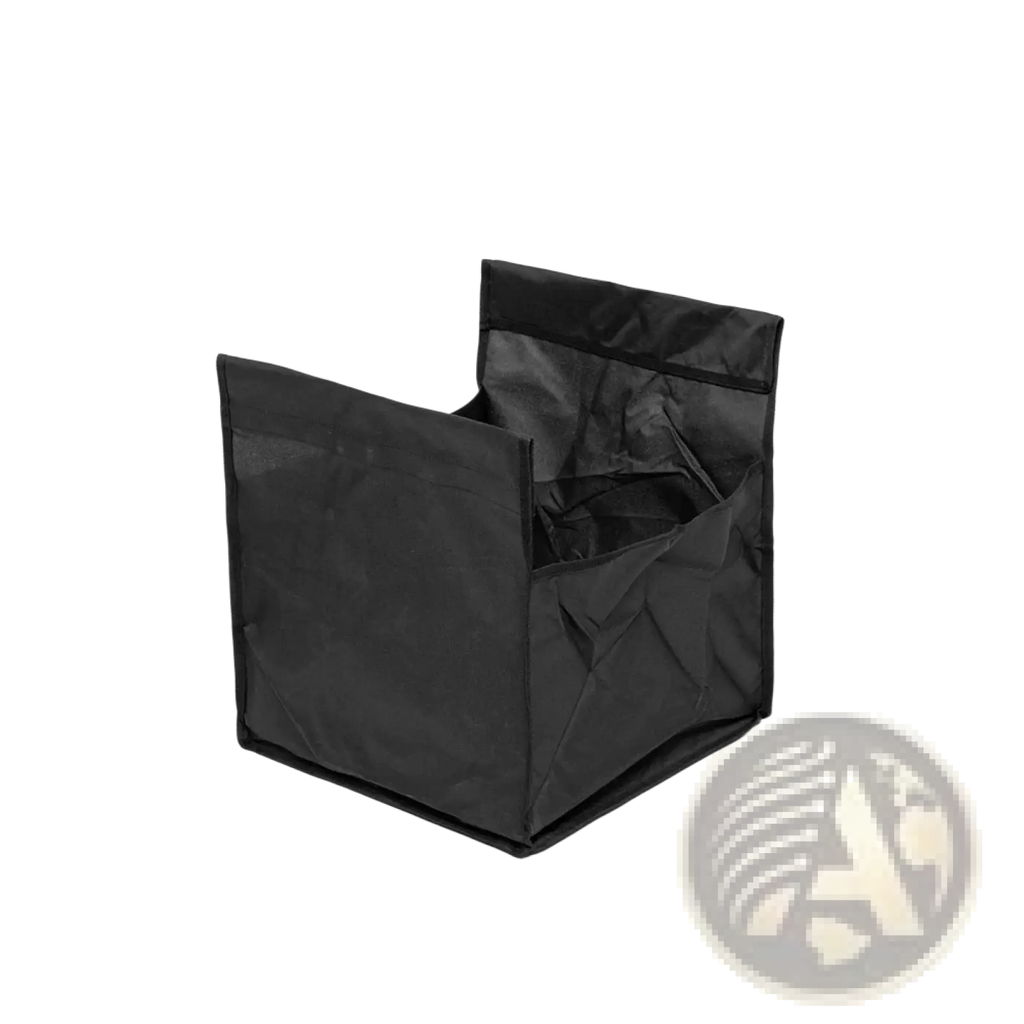 Black fabric laundry bag with reinforced seams and crinkled texture designed for camping roll table storage use