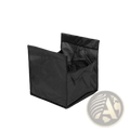 Black fabric laundry bag with reinforced seams and crinkled texture designed for camping roll table storage use
