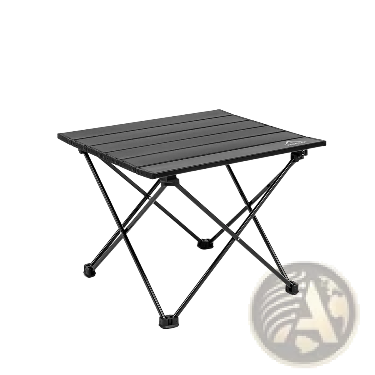 Black foldable camping roll table with slatted top metal x-shaped legs and storage bag for outdoor use