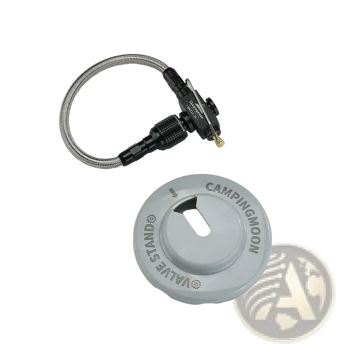 Gray circular campingmoon gas stove valve cap with valve stand engraved paired with black gas regulator and silver hose