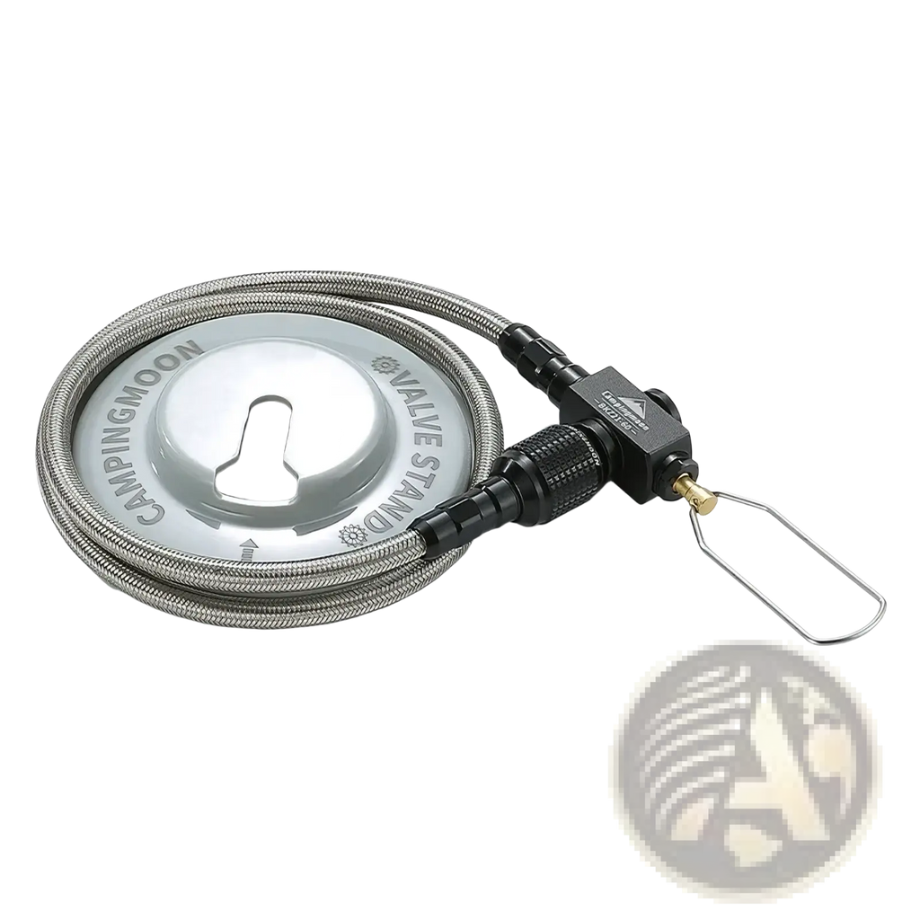 Campingmoon gas stove extension hose with valve featuring a silver metallic stove, coiled stainless steel hose, and black valve assembly